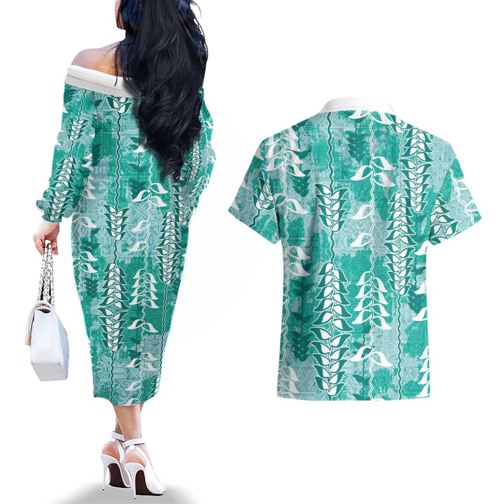 Teal Hawaii Tapa Pattern Couples Matching Off The Shoulder Long Sleeve Dress and Hawaiian Shirt With Heliconia Vintage Style LT05 - Polynesian Pride