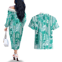 Teal Hawaii Tapa Pattern Couples Matching Off The Shoulder Long Sleeve Dress and Hawaiian Shirt With Heliconia Vintage Style LT05 - Polynesian Pride