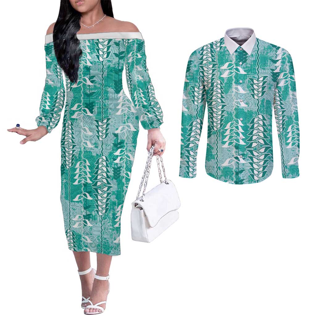 Teal Hawaii Tapa Pattern Couples Matching Off The Shoulder Long Sleeve Dress and Long Sleeve Button Shirt With Heliconia Vintage Style