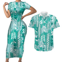 Teal Hawaii Tapa Pattern Couples Matching Short Sleeve Bodycon Dress and Hawaiian Shirt With Heliconia Vintage Style LT05 Teal - Polynesian Pride