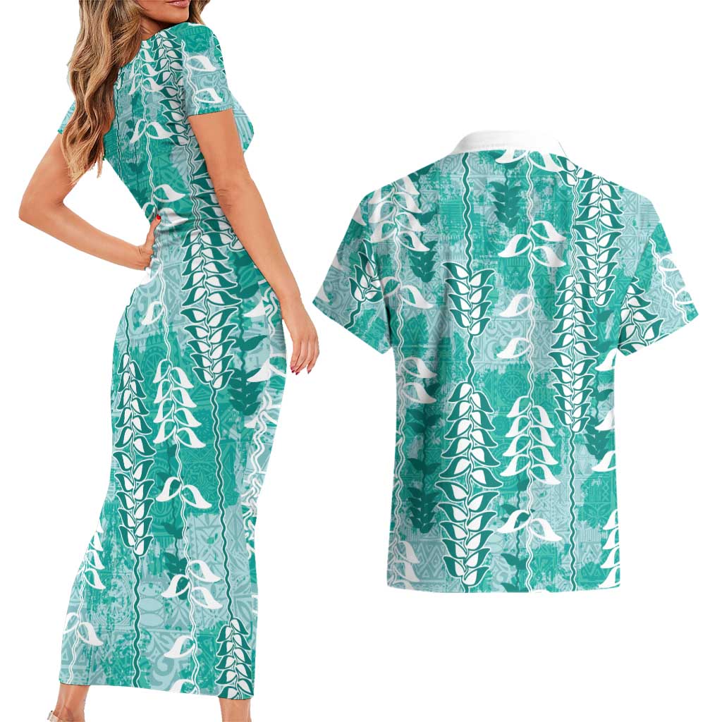 Teal Hawaii Tapa Pattern Couples Matching Short Sleeve Bodycon Dress and Hawaiian Shirt With Heliconia Vintage Style LT05 - Polynesian Pride