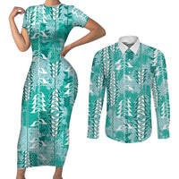 Teal Hawaii Tapa Pattern Couples Matching Short Sleeve Bodycon Dress and Long Sleeve Button Shirt With Heliconia Vintage Style