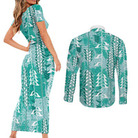 Teal Hawaii Tapa Pattern Couples Matching Short Sleeve Bodycon Dress and Long Sleeve Button Shirt With Heliconia Vintage Style