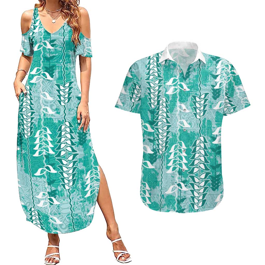Teal Hawaii Tapa Pattern Couples Matching Summer Maxi Dress and Hawaiian Shirt With Heliconia Vintage Style LT05 Teal - Polynesian Pride