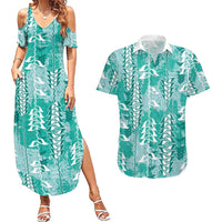 Teal Hawaii Tapa Pattern Couples Matching Summer Maxi Dress and Hawaiian Shirt With Heliconia Vintage Style LT05 Teal - Polynesian Pride
