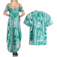 Teal Hawaii Tapa Pattern Couples Matching Summer Maxi Dress and Hawaiian Shirt With Heliconia Vintage Style LT05 - Polynesian Pride