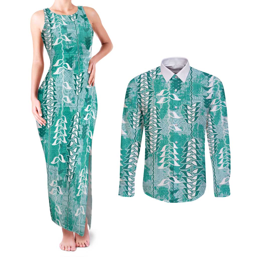Teal Hawaii Tapa Pattern Couples Matching Tank Maxi Dress and Long Sleeve Button Shirt With Heliconia Vintage Style