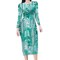 Teal Hawaii Tapa Pattern Family Matching Long Sleeve Bodycon Dress and Hawaiian Shirt With Heliconia Vintage Style