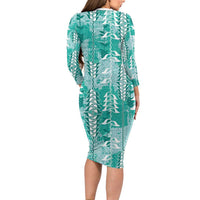 Teal Hawaii Tapa Pattern Family Matching Long Sleeve Bodycon Dress and Hawaiian Shirt With Heliconia Vintage Style