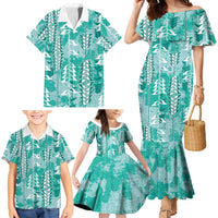 Teal Hawaii Tapa Pattern Family Matching Mermaid Dress and Hawaiian Shirt With Heliconia Vintage Style
