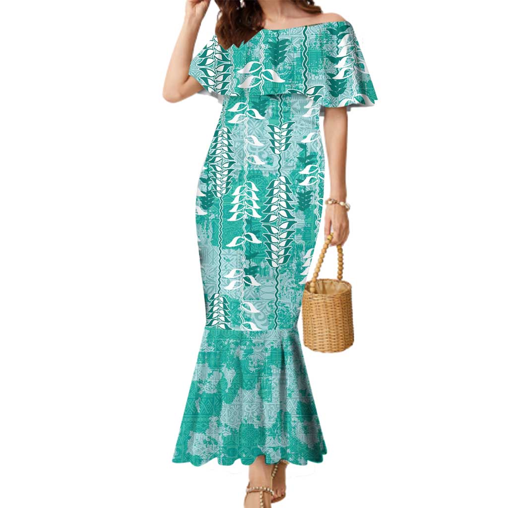 Teal Hawaii Tapa Pattern Family Matching Mermaid Dress and Hawaiian Shirt With Heliconia Vintage Style