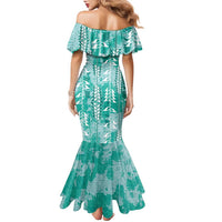 Teal Hawaii Tapa Pattern Family Matching Mermaid Dress and Hawaiian Shirt With Heliconia Vintage Style
