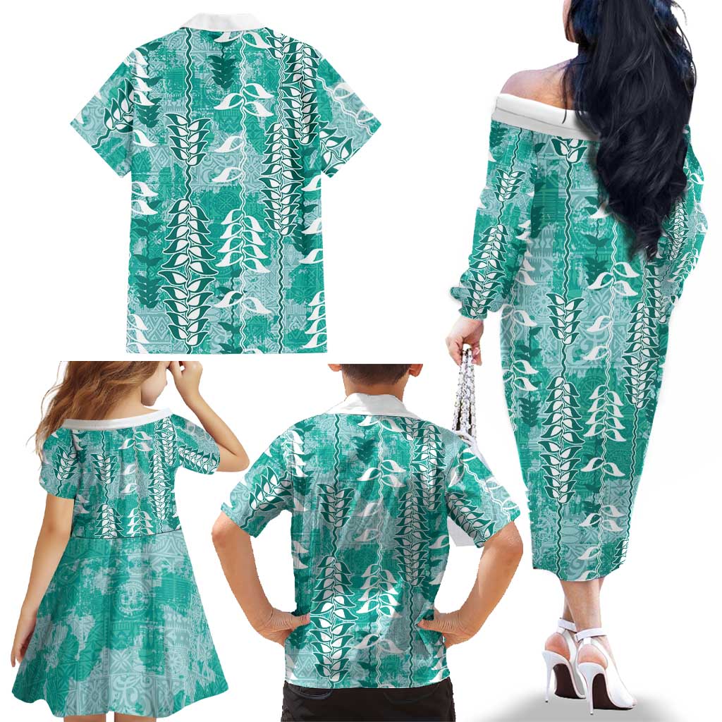 Teal Hawaii Tapa Pattern Family Matching Off The Shoulder Long Sleeve Dress and Hawaiian Shirt With Heliconia Vintage Style