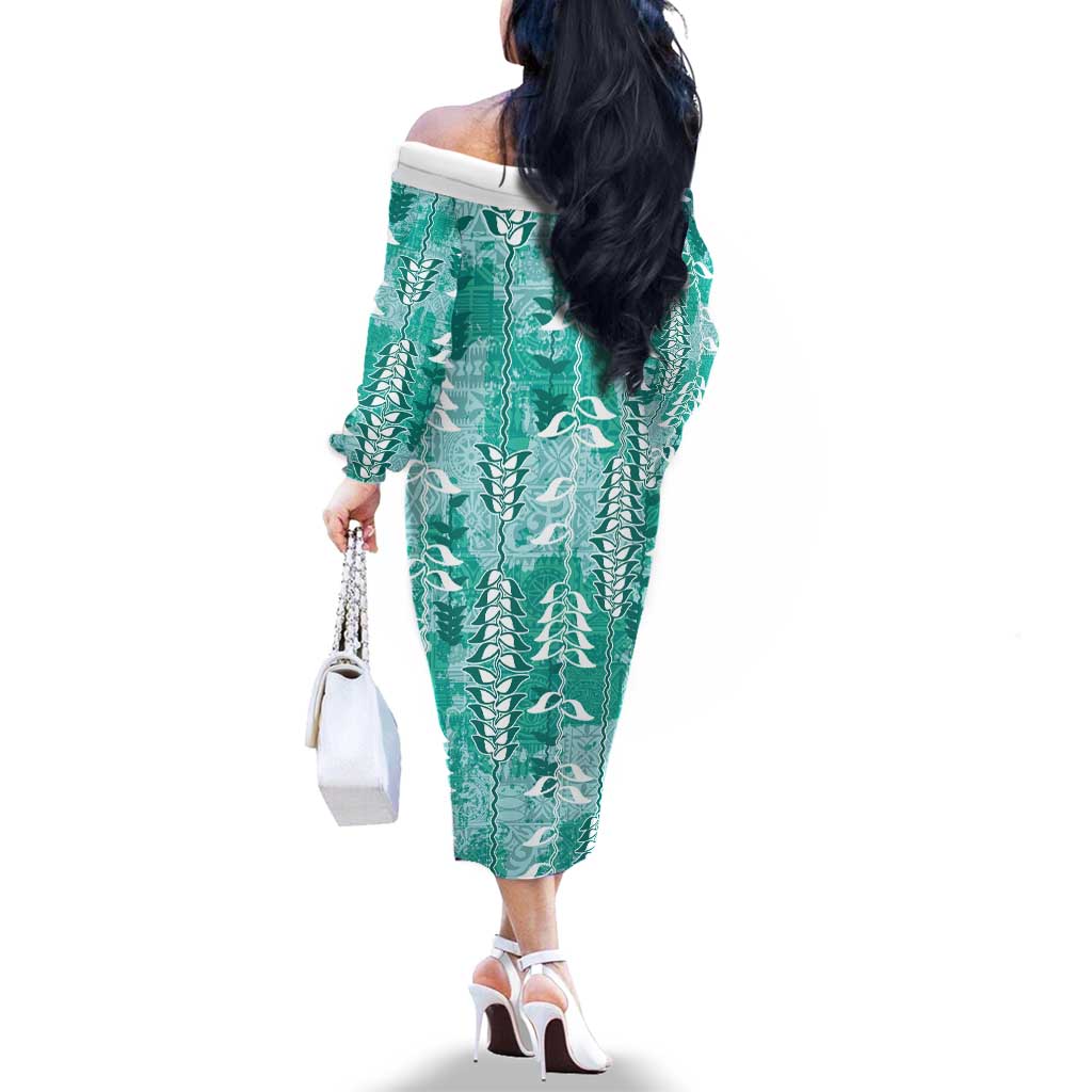 Teal Hawaii Tapa Pattern Family Matching Off The Shoulder Long Sleeve Dress and Hawaiian Shirt With Heliconia Vintage Style