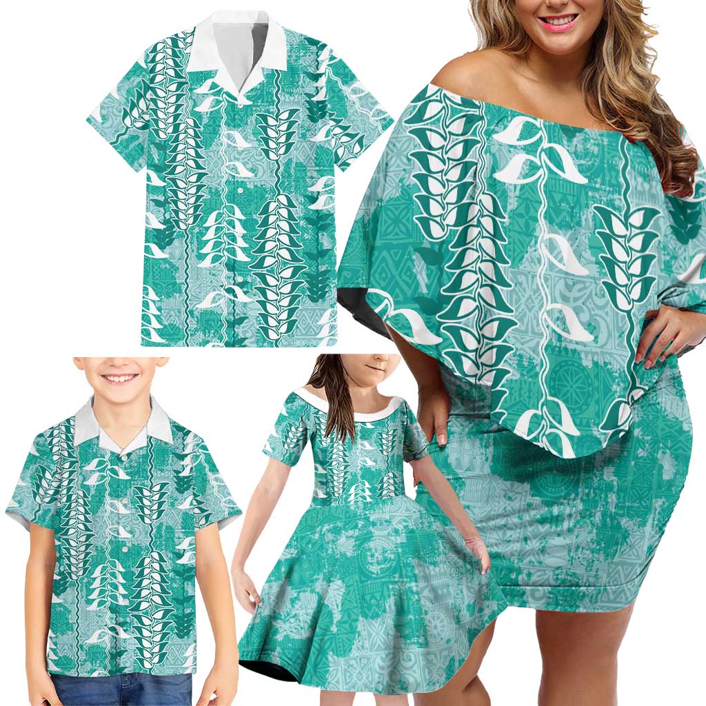 Teal Hawaii Tapa Pattern Family Matching Off Shoulder Short Dress and Hawaiian Shirt With Heliconia Vintage Style