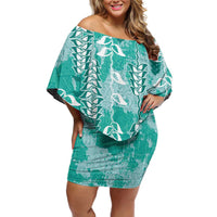 Teal Hawaii Tapa Pattern Family Matching Off Shoulder Short Dress and Hawaiian Shirt With Heliconia Vintage Style