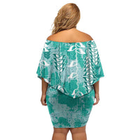 Teal Hawaii Tapa Pattern Family Matching Off Shoulder Short Dress and Hawaiian Shirt With Heliconia Vintage Style