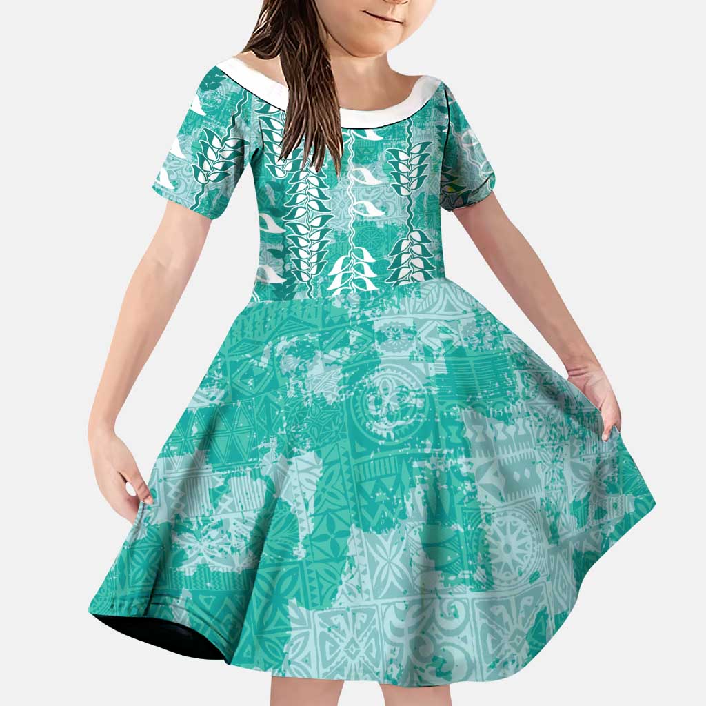 Teal Hawaii Tapa Pattern Family Matching Puletasi and Hawaiian Shirt With Heliconia Vintage Style LT05 Daughter's Dress Teal - Polynesian Pride