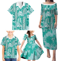 Teal Hawaii Tapa Pattern Family Matching Puletasi and Hawaiian Shirt With Heliconia Vintage Style LT05 - Polynesian Pride