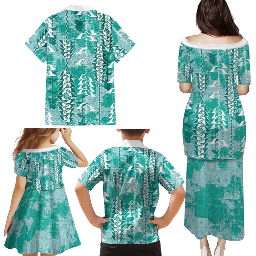 Teal Hawaii Tapa Pattern Family Matching Puletasi and Hawaiian Shirt With Heliconia Vintage Style LT05 - Polynesian Pride