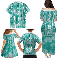 Teal Hawaii Tapa Pattern Family Matching Puletasi and Hawaiian Shirt With Heliconia Vintage Style LT05 - Polynesian Pride