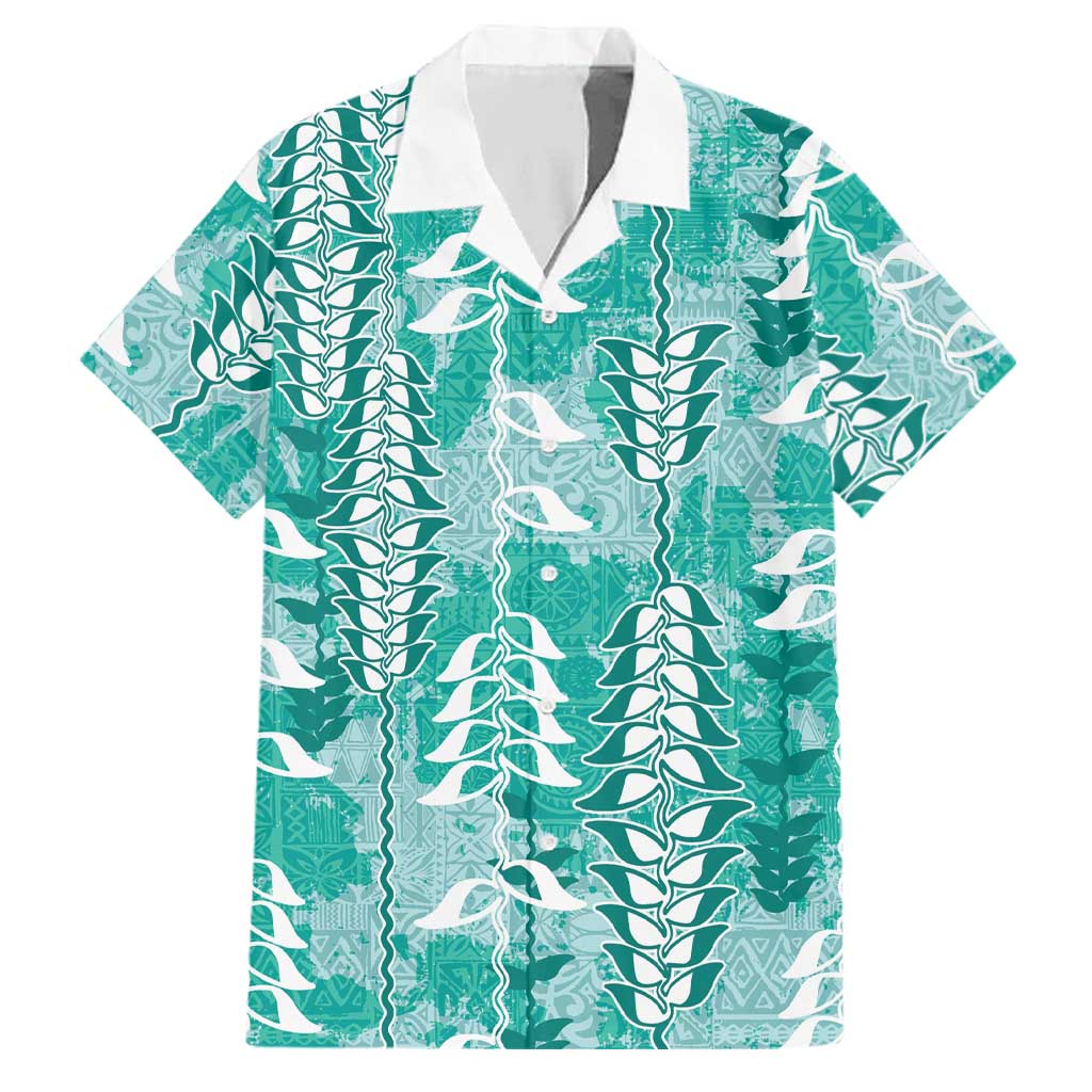 Teal Hawaii Tapa Pattern Family Matching Puletasi and Hawaiian Shirt With Heliconia Vintage Style LT05 Dad's Shirt - Short Sleeve Teal - Polynesian Pride