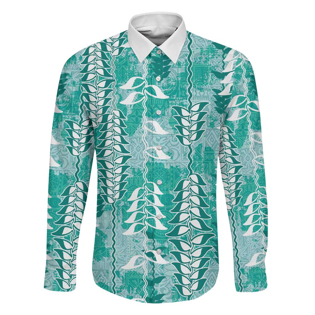 Teal Hawaii Tapa Pattern Family Matching Puletasi and Hawaiian Shirt With Heliconia Vintage Style LT05 Dad's Shirt - Long Sleeve Teal - Polynesian Pride