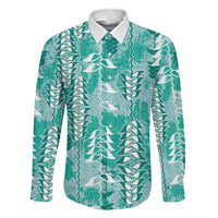 Teal Hawaii Tapa Pattern Family Matching Puletasi and Hawaiian Shirt With Heliconia Vintage Style LT05 Dad's Shirt - Long Sleeve Teal - Polynesian Pride