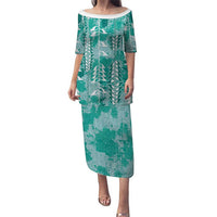 Teal Hawaii Tapa Pattern Family Matching Puletasi and Hawaiian Shirt With Heliconia Vintage Style LT05 Mom's Dress Teal - Polynesian Pride