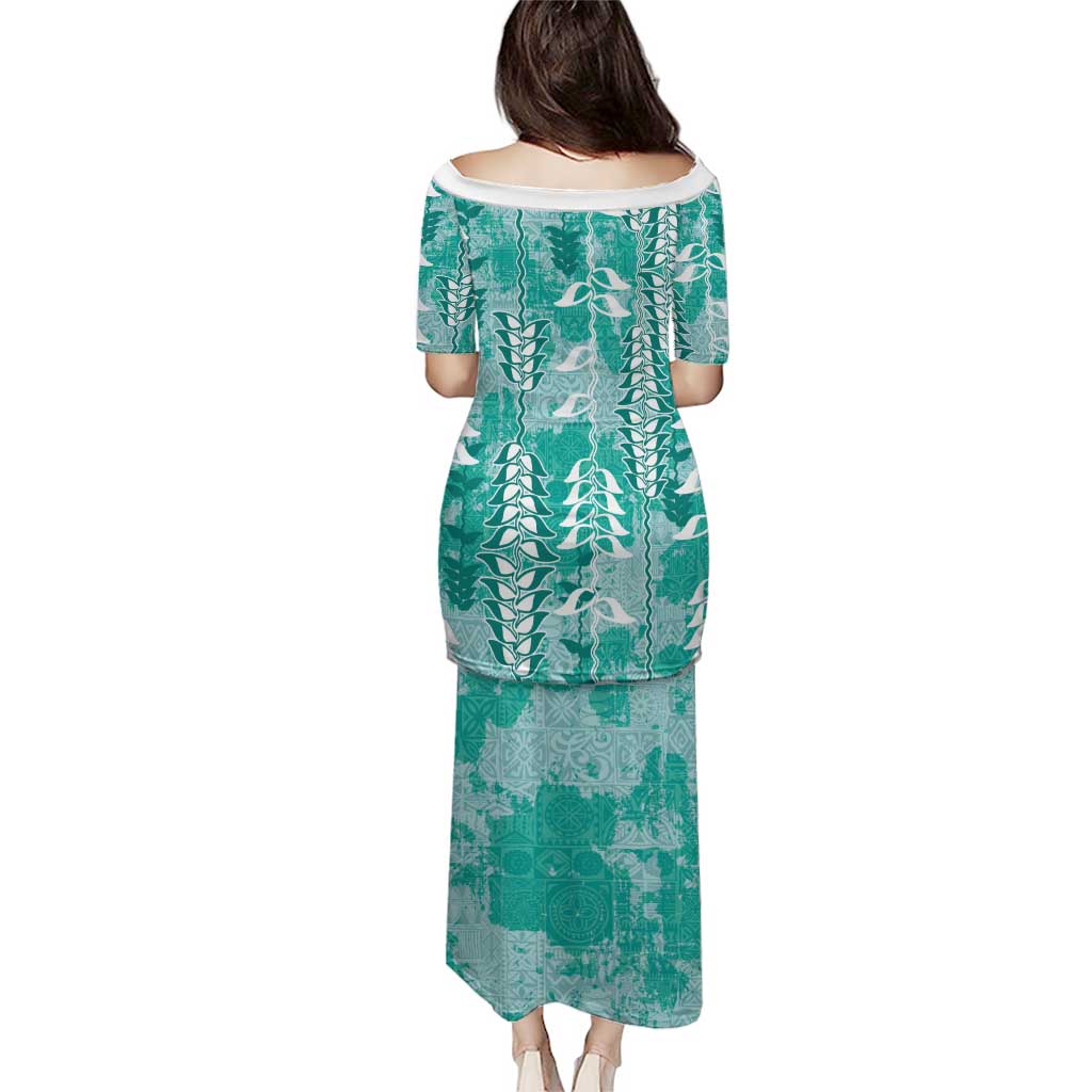 Teal Hawaii Tapa Pattern Family Matching Puletasi and Hawaiian Shirt With Heliconia Vintage Style LT05 - Polynesian Pride