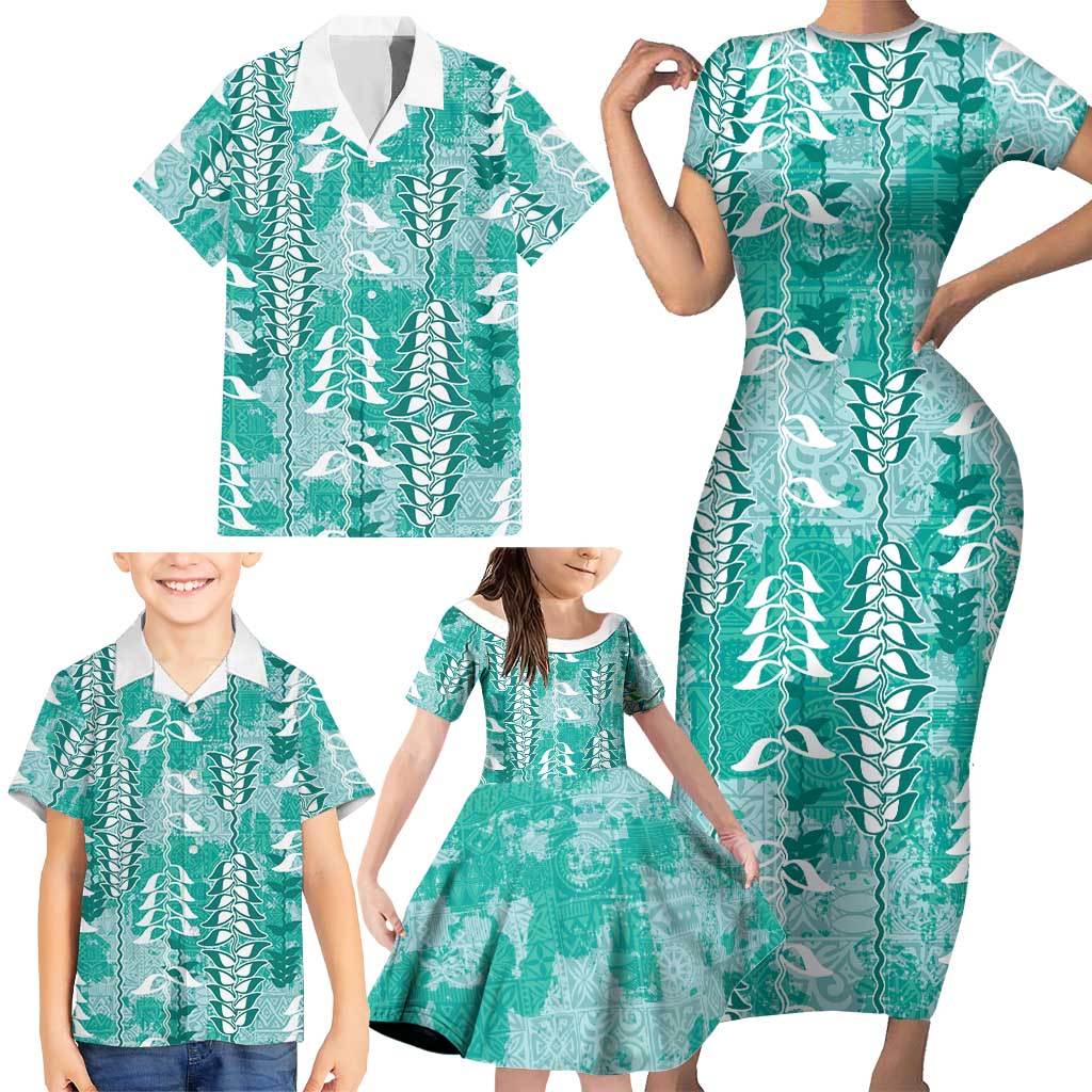Teal Hawaii Tapa Pattern Family Matching Short Sleeve Bodycon Dress and Hawaiian Shirt With Heliconia Vintage Style
