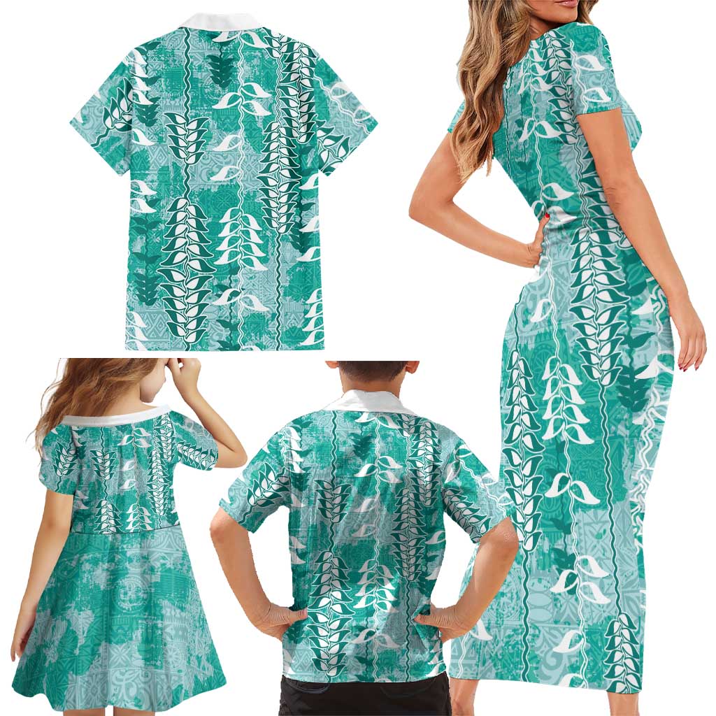 Teal Hawaii Tapa Pattern Family Matching Short Sleeve Bodycon Dress and Hawaiian Shirt With Heliconia Vintage Style