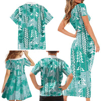 Teal Hawaii Tapa Pattern Family Matching Short Sleeve Bodycon Dress and Hawaiian Shirt With Heliconia Vintage Style