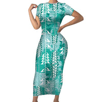 Teal Hawaii Tapa Pattern Family Matching Short Sleeve Bodycon Dress and Hawaiian Shirt With Heliconia Vintage Style