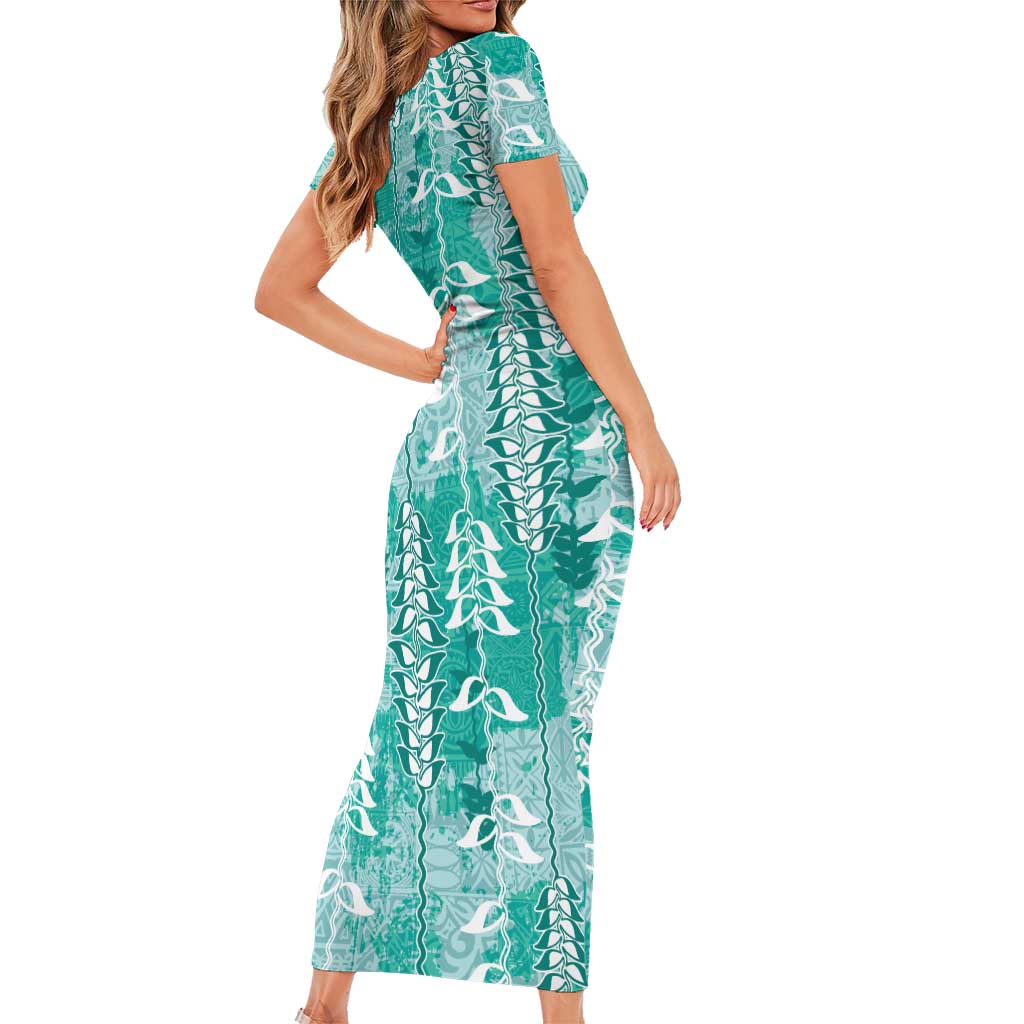 Teal Hawaii Tapa Pattern Family Matching Short Sleeve Bodycon Dress and Hawaiian Shirt With Heliconia Vintage Style