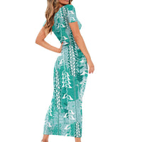 Teal Hawaii Tapa Pattern Family Matching Short Sleeve Bodycon Dress and Hawaiian Shirt With Heliconia Vintage Style
