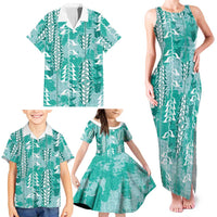 Teal Hawaii Tapa Pattern Family Matching Tank Maxi Dress and Hawaiian Shirt With Heliconia Vintage Style