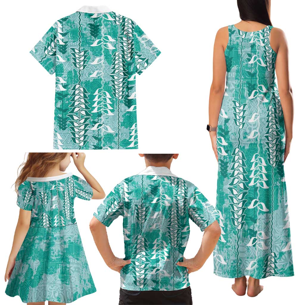 Teal Hawaii Tapa Pattern Family Matching Tank Maxi Dress and Hawaiian Shirt With Heliconia Vintage Style