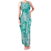 Teal Hawaii Tapa Pattern Family Matching Tank Maxi Dress and Hawaiian Shirt With Heliconia Vintage Style