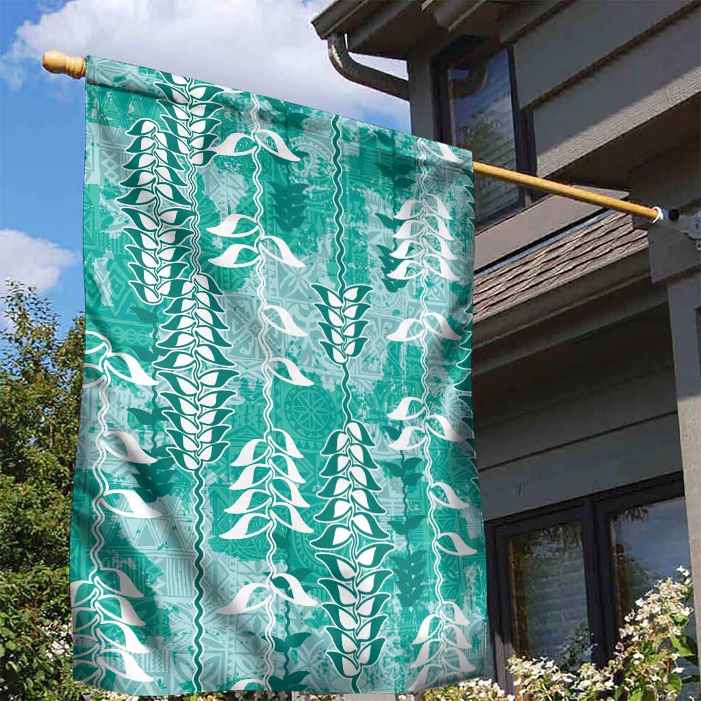 Teal Hawaii Tapa Pattern Garden Flag With Heliconia Vintage Style
