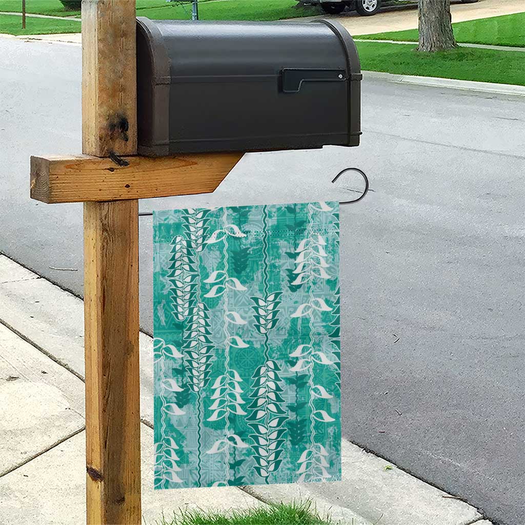 Teal Hawaii Tapa Pattern Garden Flag With Heliconia Vintage Style