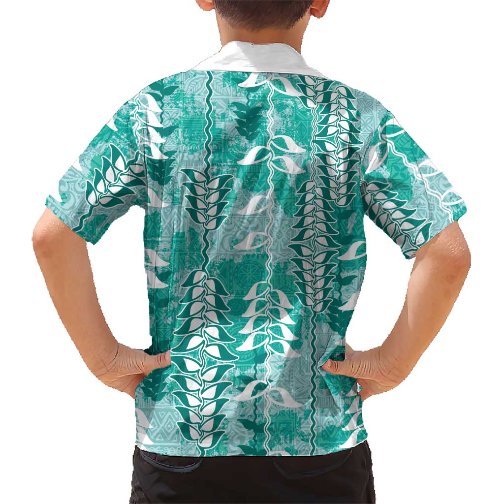Teal Hawaii Tapa Pattern Kid Hawaiian Shirt With Heliconia Vintage Style LT05 - Polynesian Pride