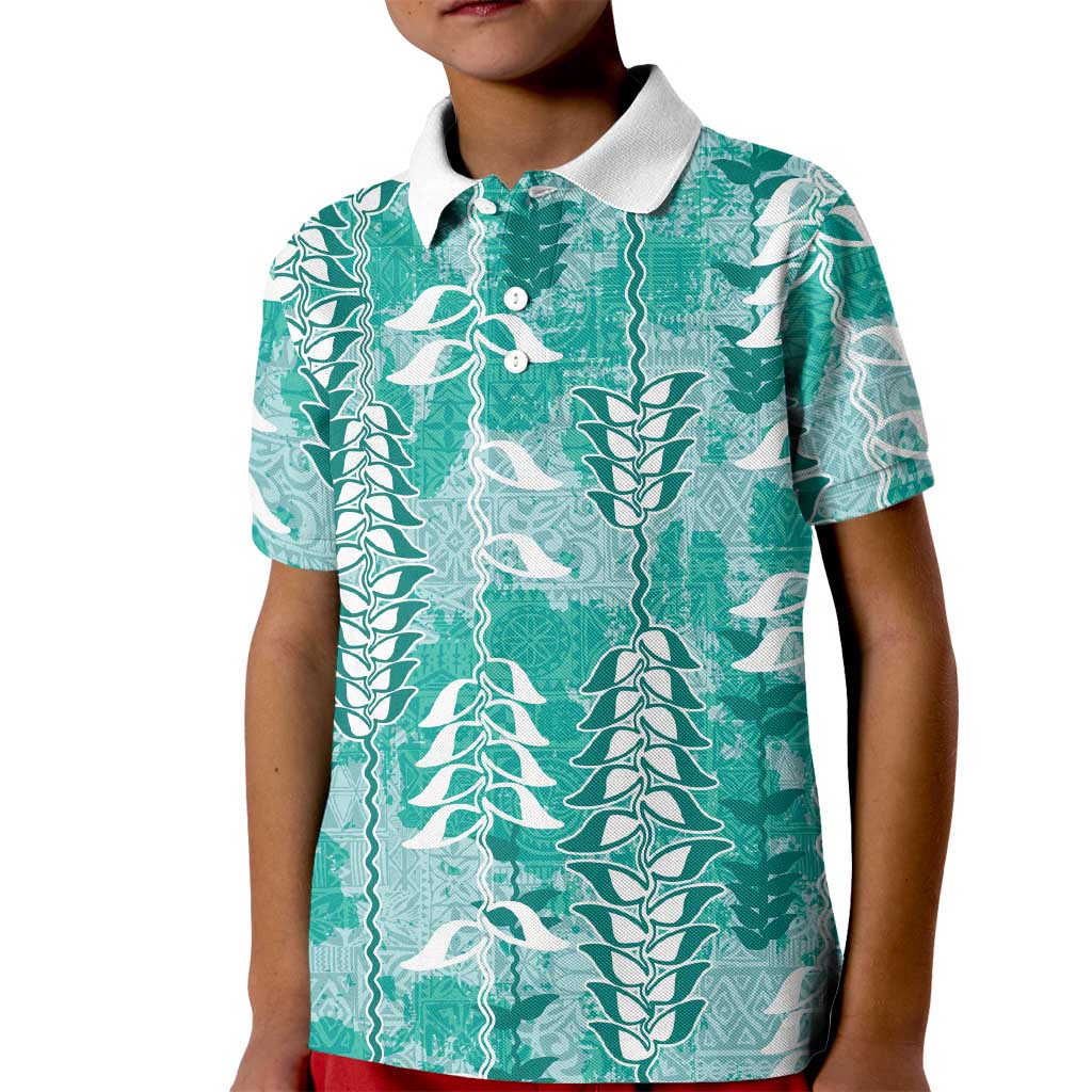 Teal Hawaii Tapa Pattern Kid Polo Shirt With Heliconia Vintage Style LT05 Kid Teal - Polynesian Pride