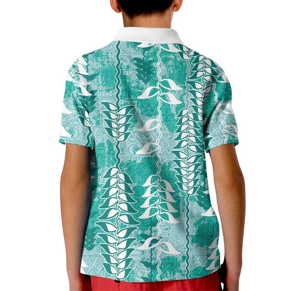 Teal Hawaii Tapa Pattern Kid Polo Shirt With Heliconia Vintage Style LT05 - Polynesian Pride
