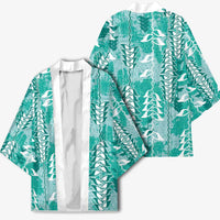 Teal Hawaii Tapa Pattern Kimono With Heliconia Vintage Style