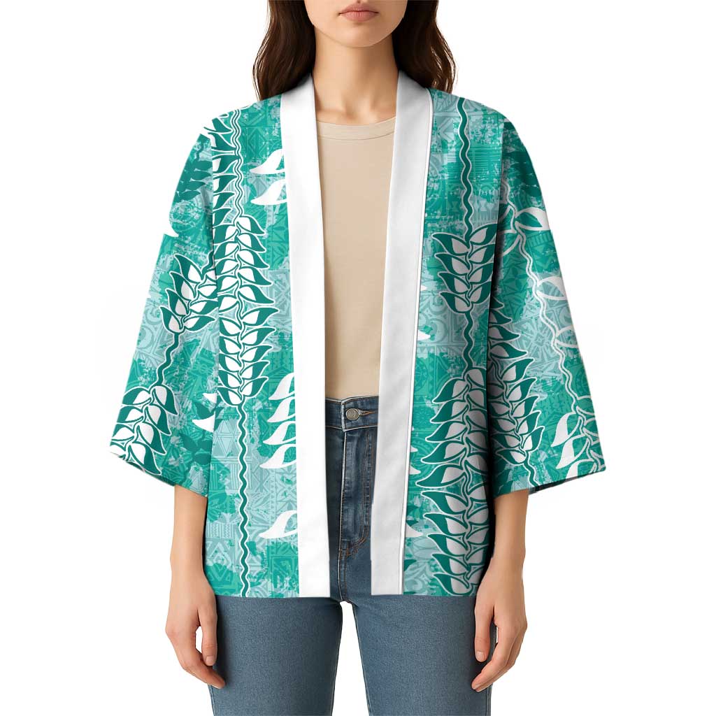 Teal Hawaii Tapa Pattern Kimono With Heliconia Vintage Style