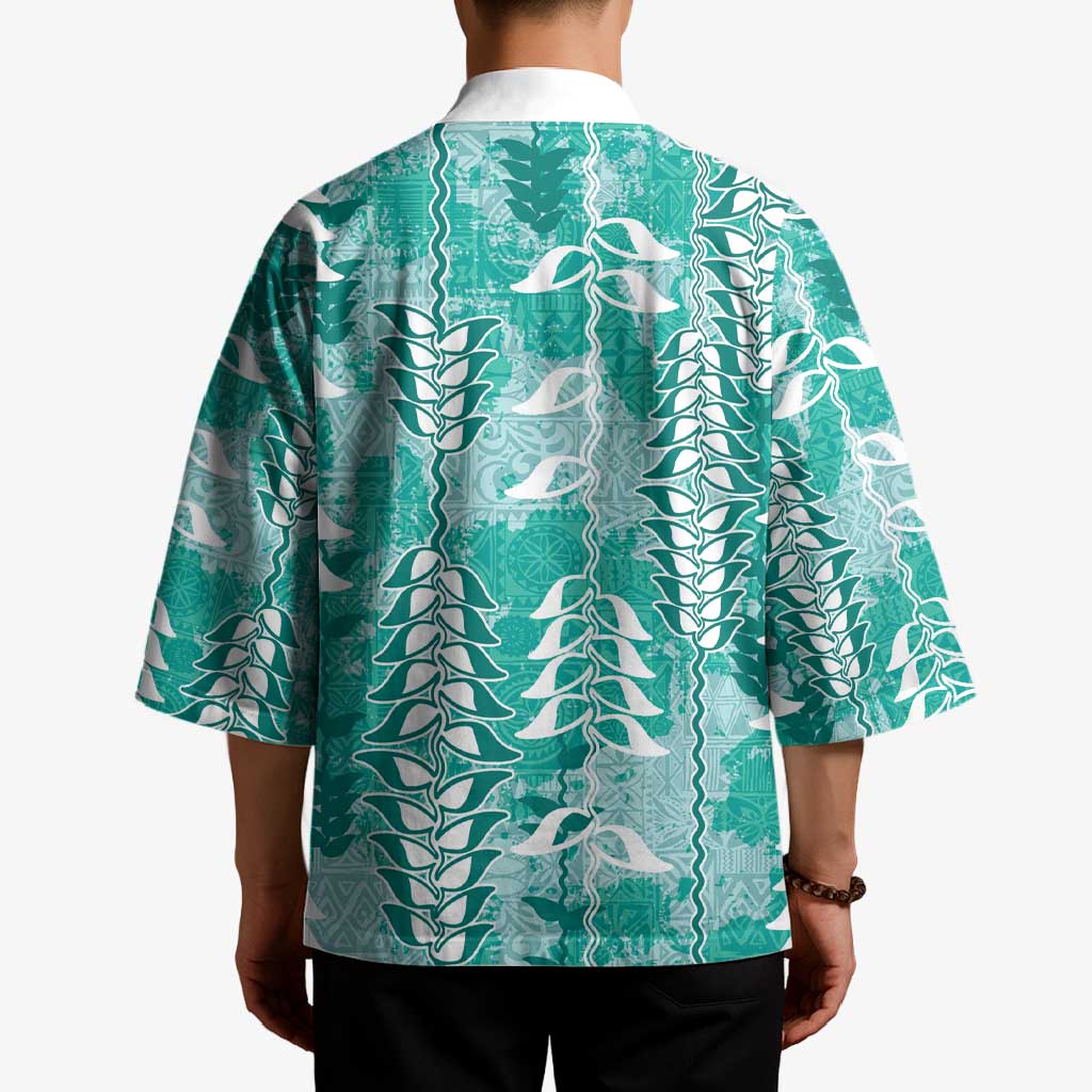 Teal Hawaii Tapa Pattern Kimono With Heliconia Vintage Style