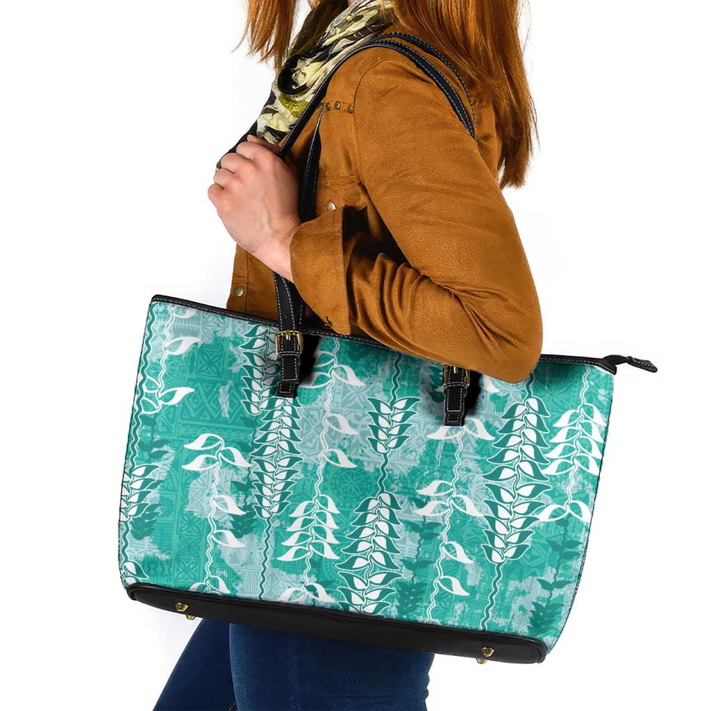 Teal Hawaii Tapa Pattern Leather Tote Bag With Heliconia Vintage Style