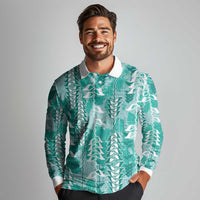 Teal Hawaii Tapa Pattern Long Sleeve Polo Shirt With Heliconia Vintage Style