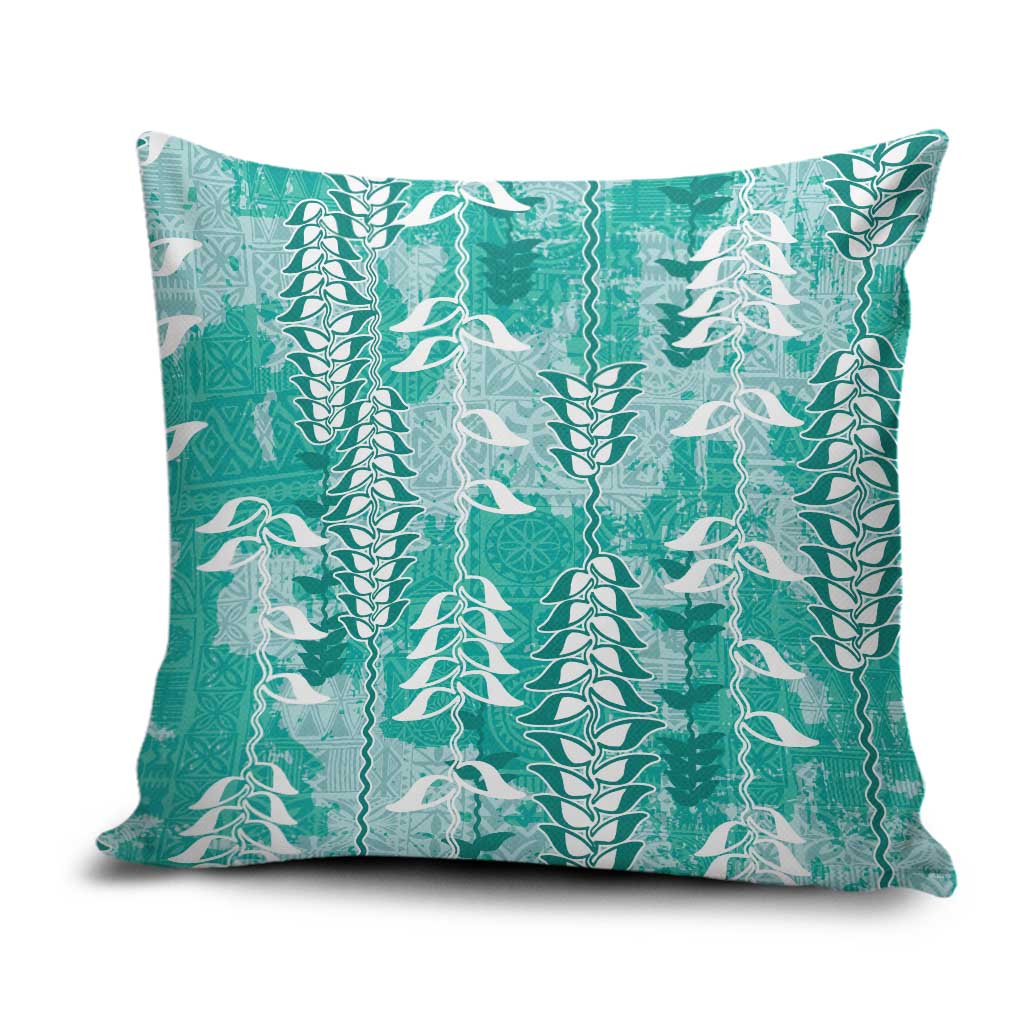 Teal Hawaii Tapa Pattern Pillow Cover With Heliconia Vintage Style